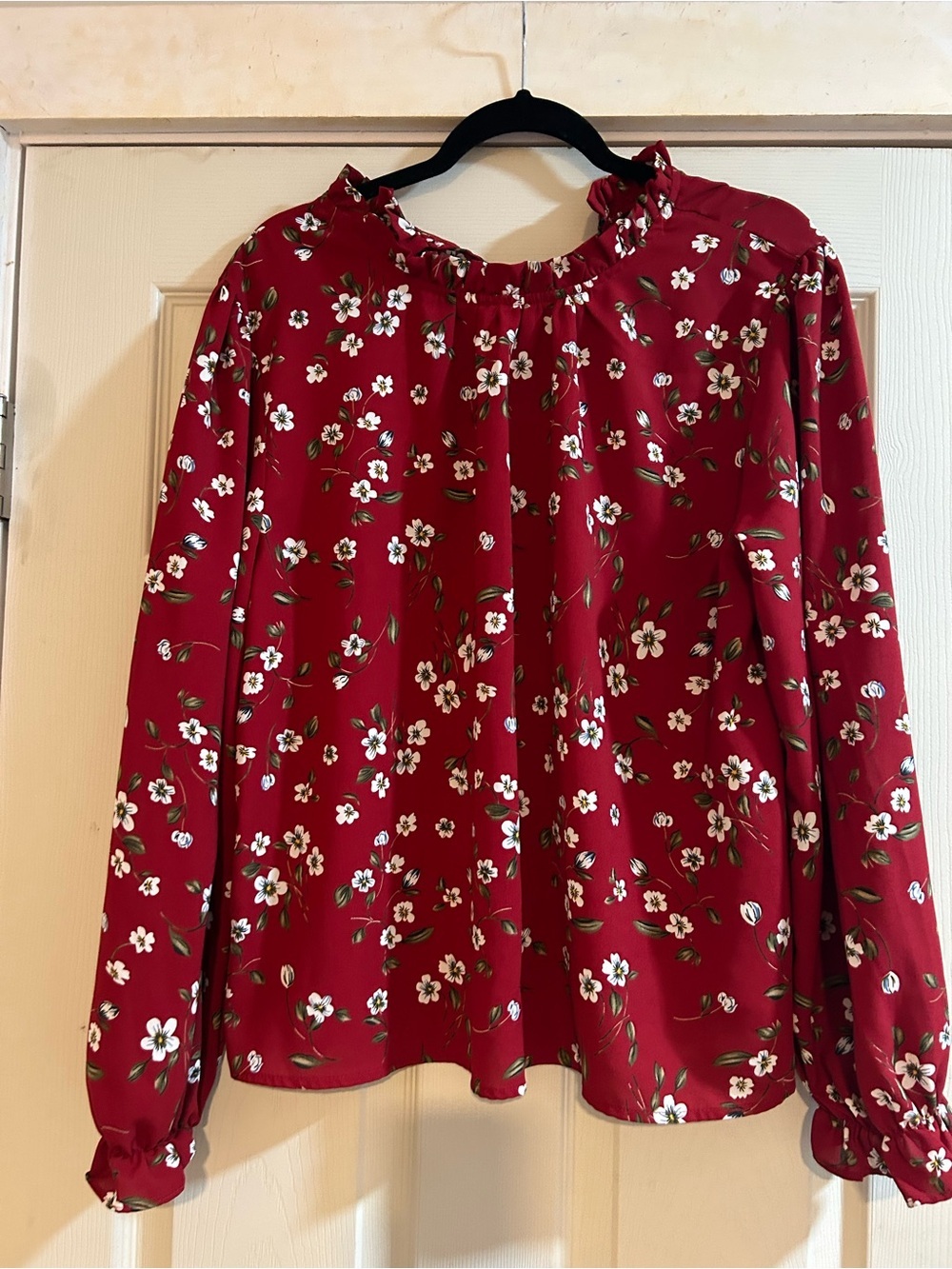 SHEIN Red Floral Ruffle-Neck Long Sleeve Blouse